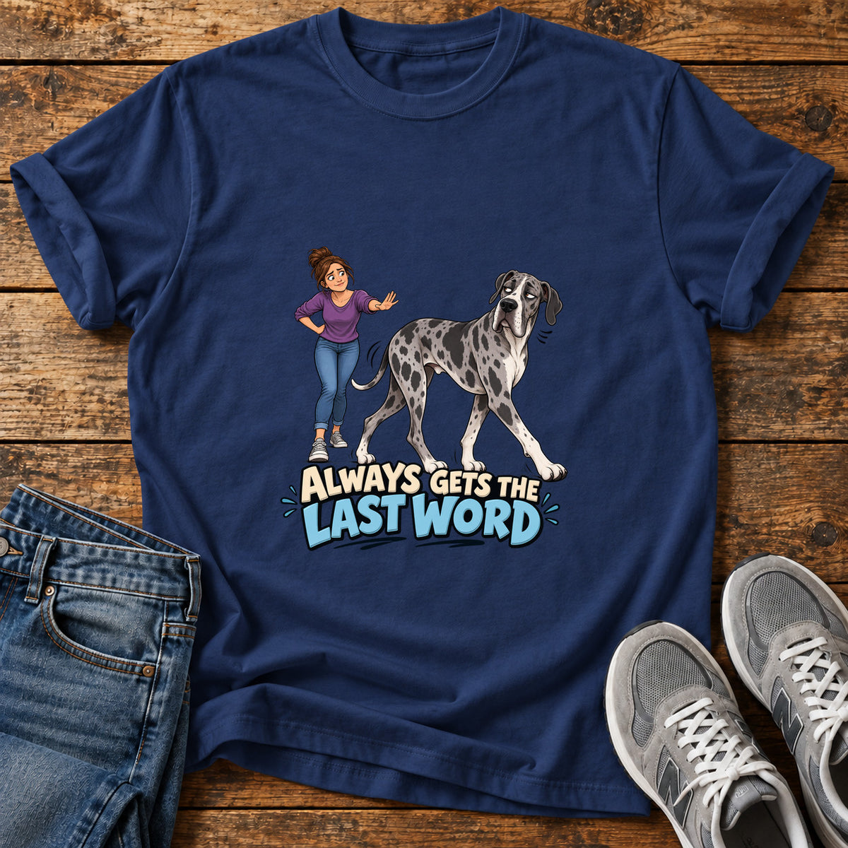 Last Word Wag Great Dane graphic T-shirt in Navy, shown on a flat-lay shirt mockup