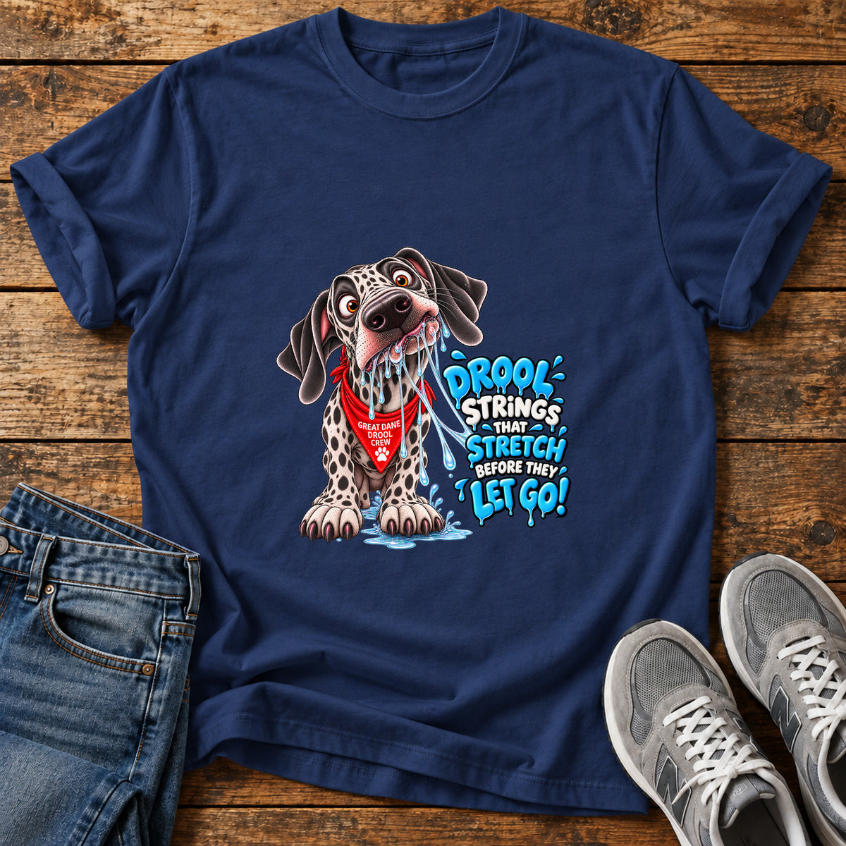 Drool Strings Stretch Great Dane graphic T-shirt in Navy, shown on a flat-lay shirt mockup
