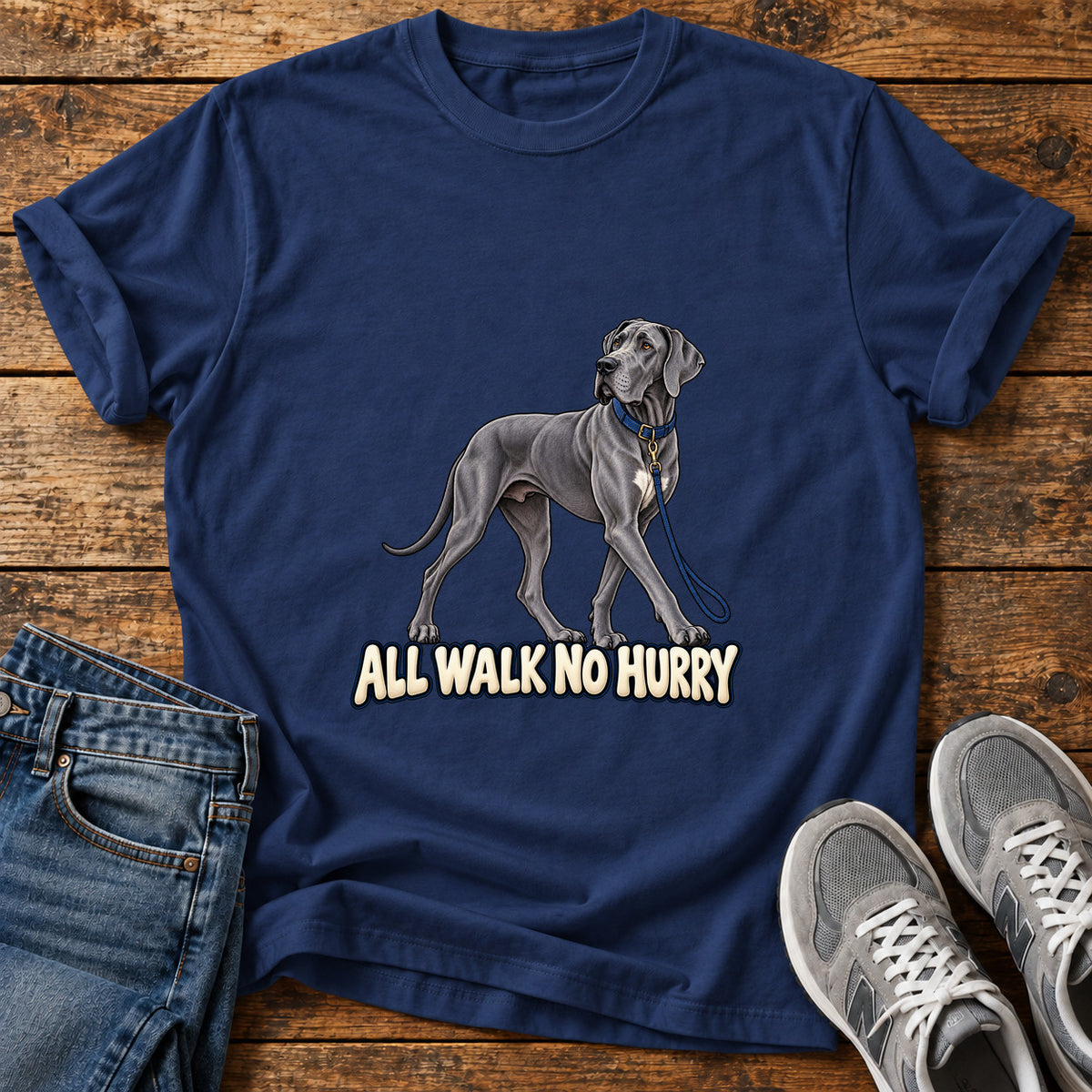 All Walk Great Dane graphic T-shirt in Navy, shown on a flat-lay shirt mockup