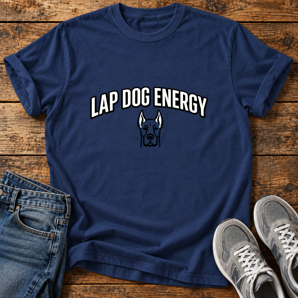Lap Dog Energy Great Dane graphic T-shirt in Navy, shown on a flat-lay shirt mockup