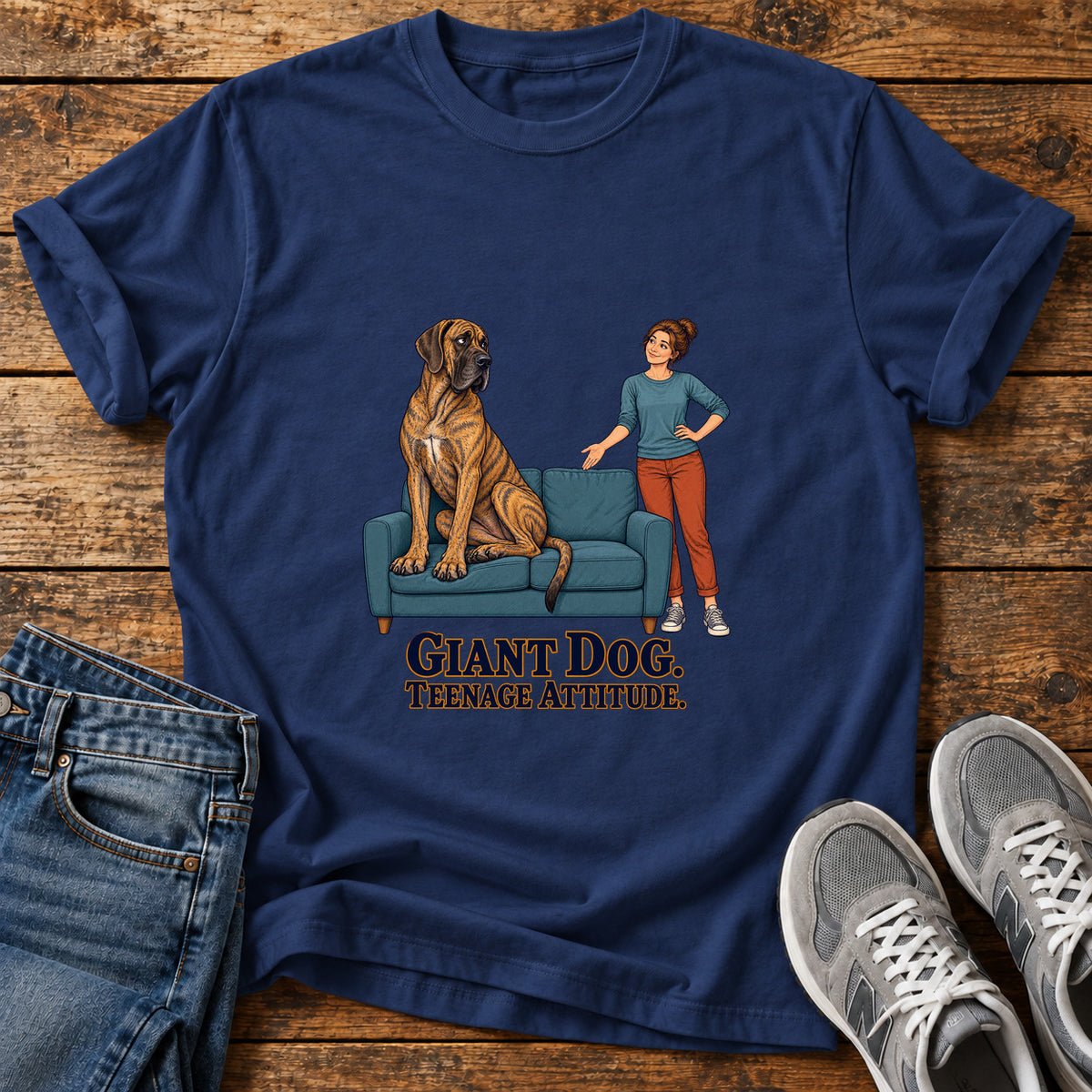 Giant Dog Attitude Great Dane graphic T-shirt in Navy, shown on a flat-lay shirt mockup