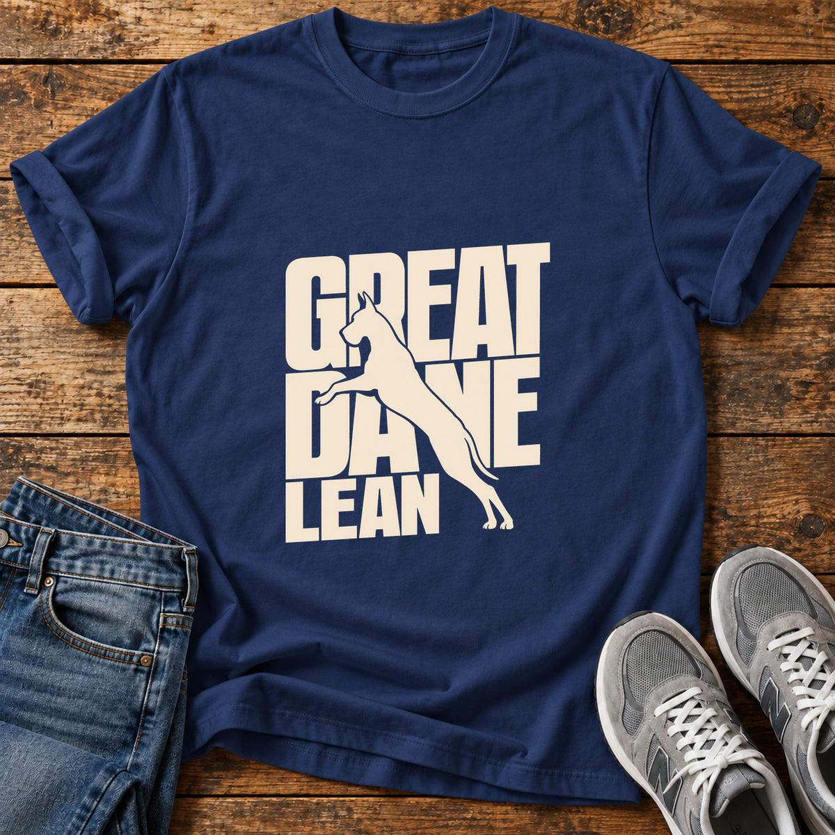 Great Dane Lean graphic T-shirt in Navy, shown on a flat-lay shirt mockup