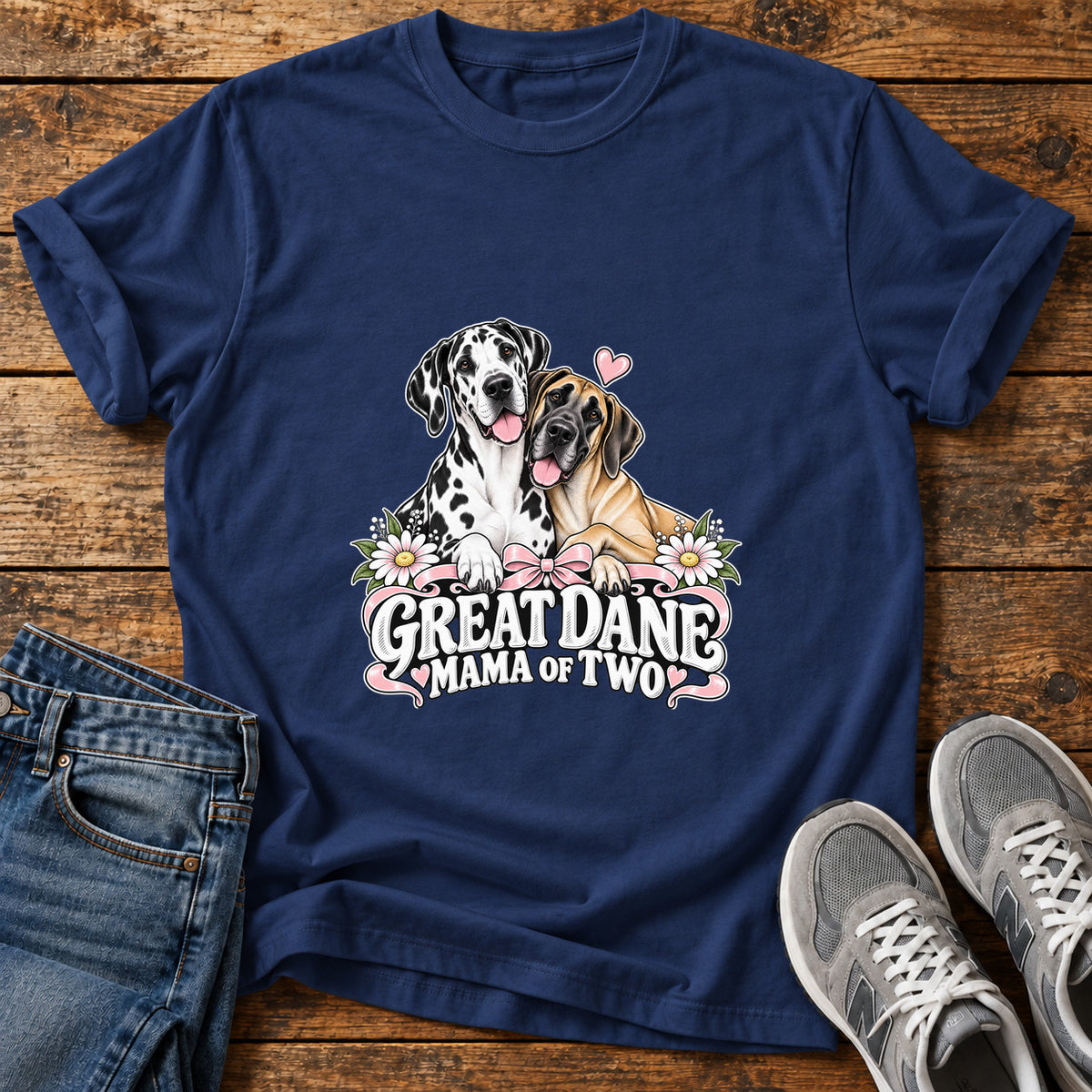 Great Dane Mama graphic T-shirt in Navy, shown on a flat-lay shirt mockup