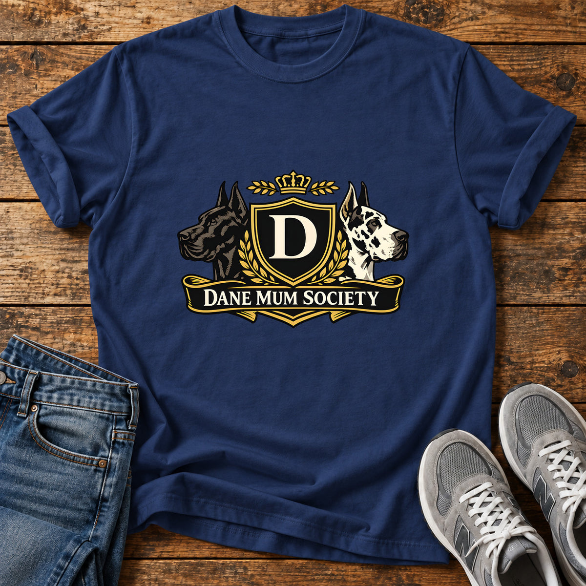 Dane Mum Society Great Dane graphic T-shirt in Navy, shown on a flat-lay shirt mockup