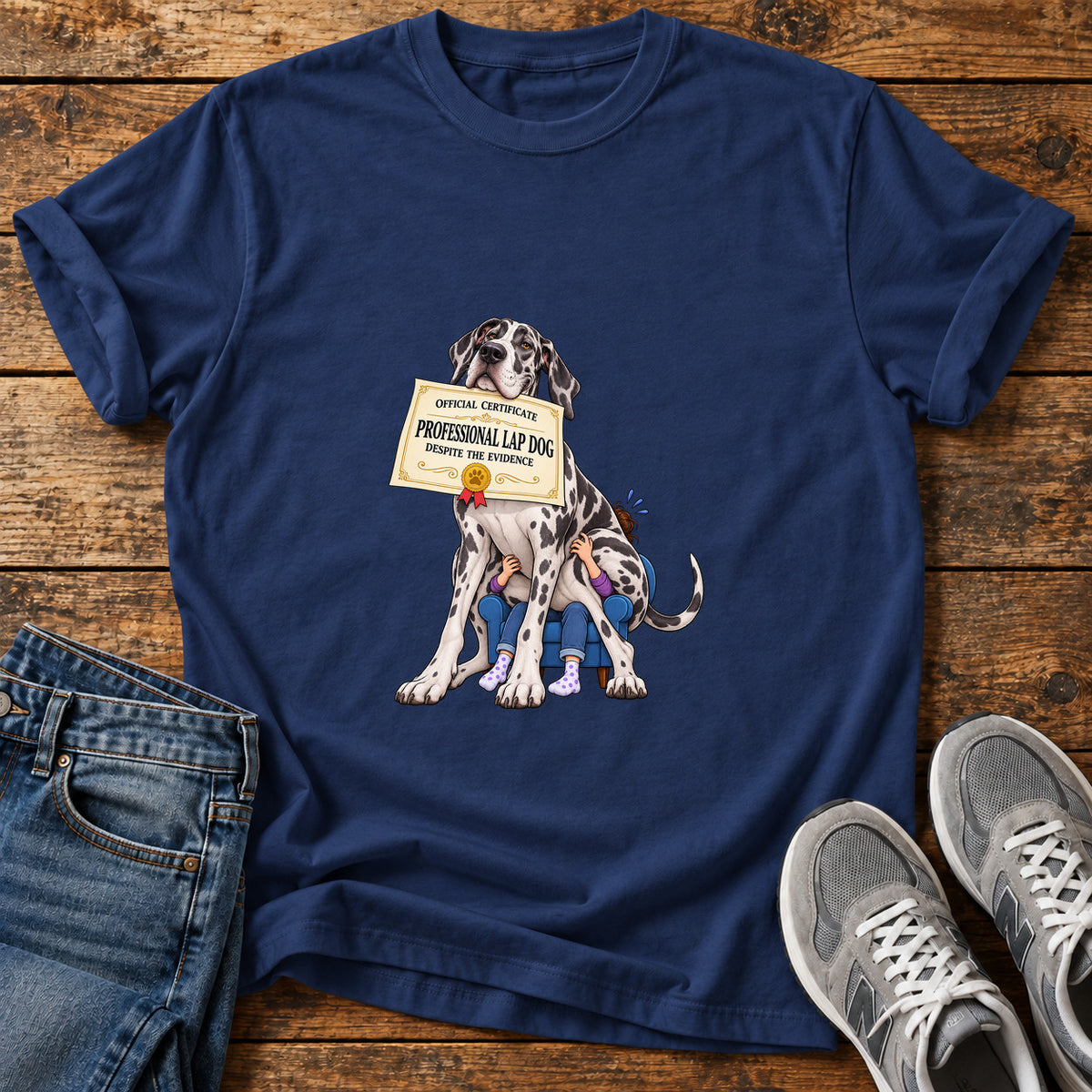 Professional Lapdog Great Dane graphic T-shirt in Navy, shown on a flat-lay shirt mockup