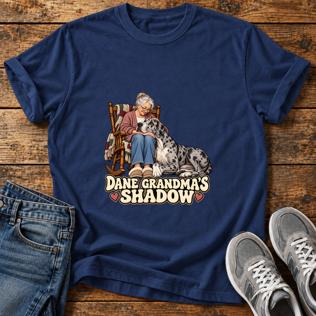 Dane Grandma's Shadow Great Dane graphic T-shirt in Navy, shown on a flat-lay shirt mockup