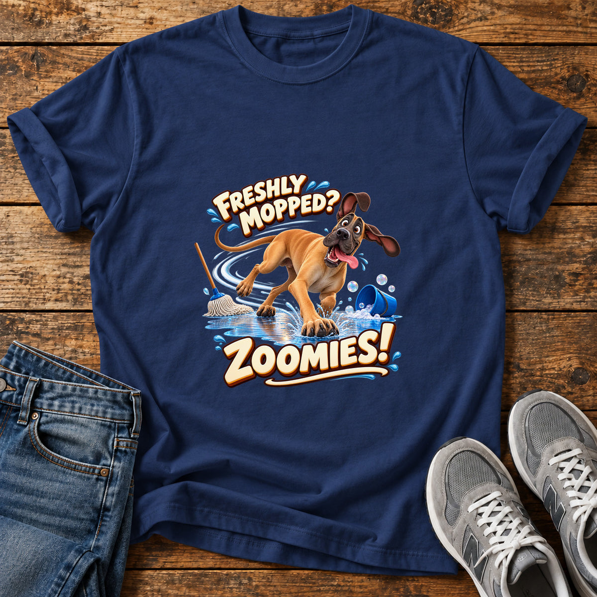 Freshly Mopped Zoomies Great Dane graphic T-shirt in Navy, shown on a flat-lay shirt mockup