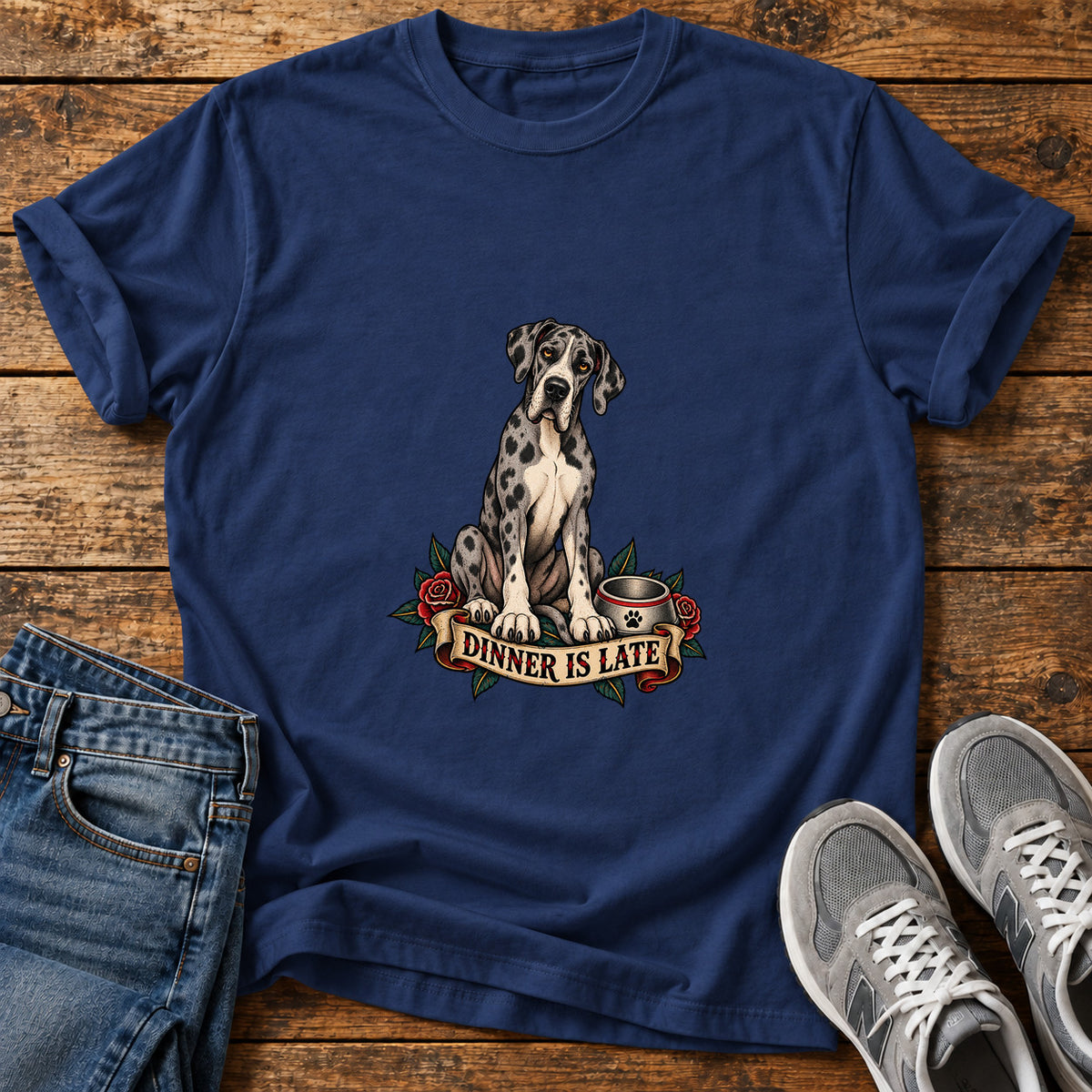 Dinner Is Late Great Dane graphic T-shirt in Navy, shown on a flat-lay shirt mockup