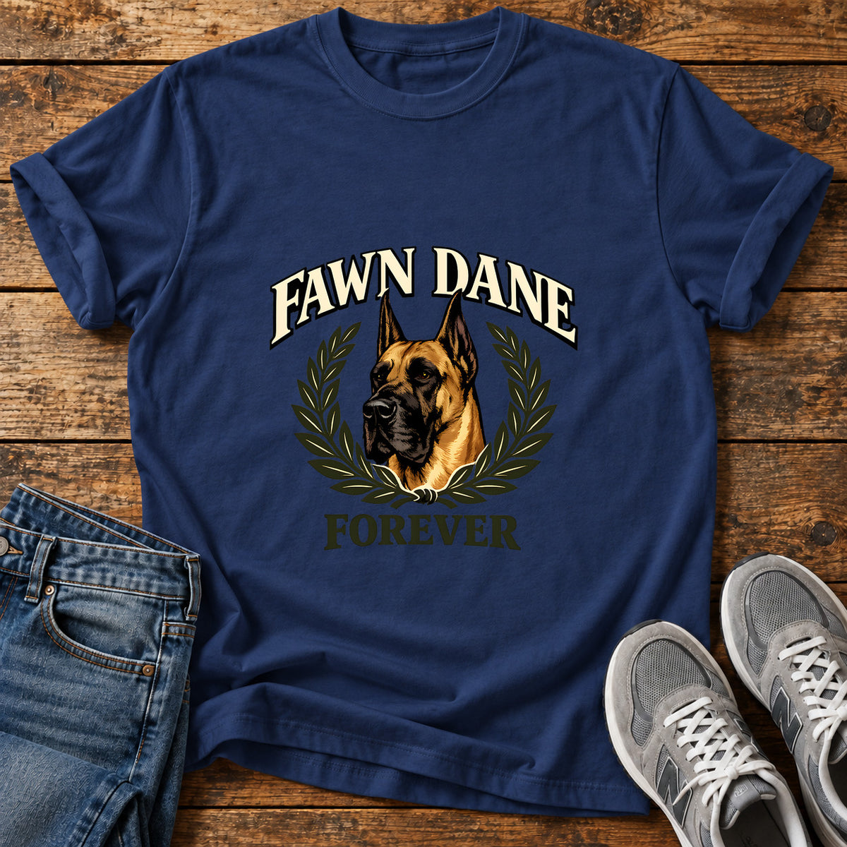 Fawn Dane Forever Great Dane graphic T-shirt in Navy, shown on a flat-lay shirt mockup