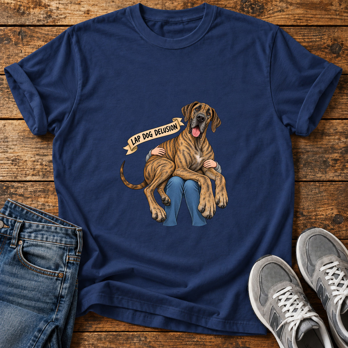 Lap Dog Delusion Great Dane graphic T-shirt in Navy, shown on a flat-lay shirt mockup