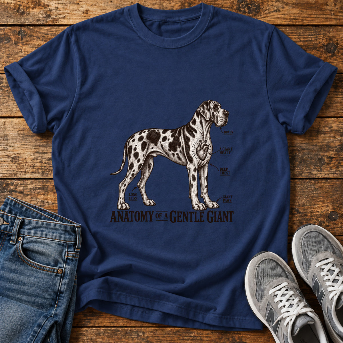 Gentle Giant Anatomy Great Dane graphic T-shirt in Navy, shown on a flat-lay shirt mockup