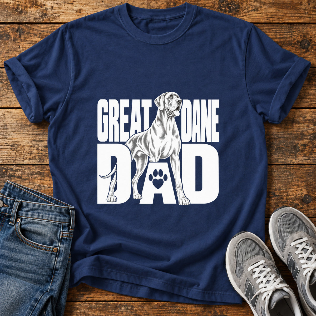 Great Dane Dad graphic T-shirt in Navy, shown on a flat-lay shirt mockup