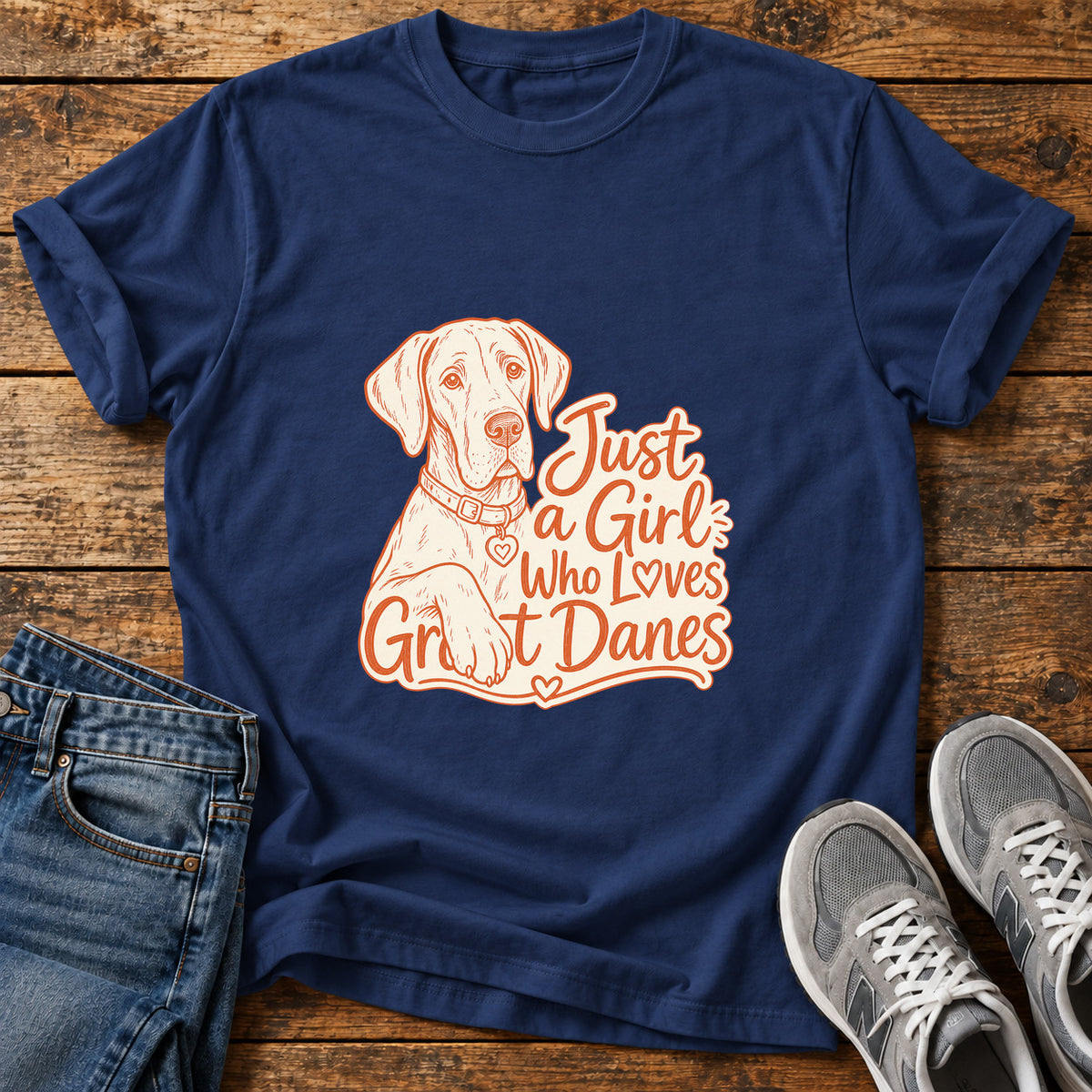 Great Dane Love graphic T-shirt in Navy, shown on a flat-lay shirt mockup