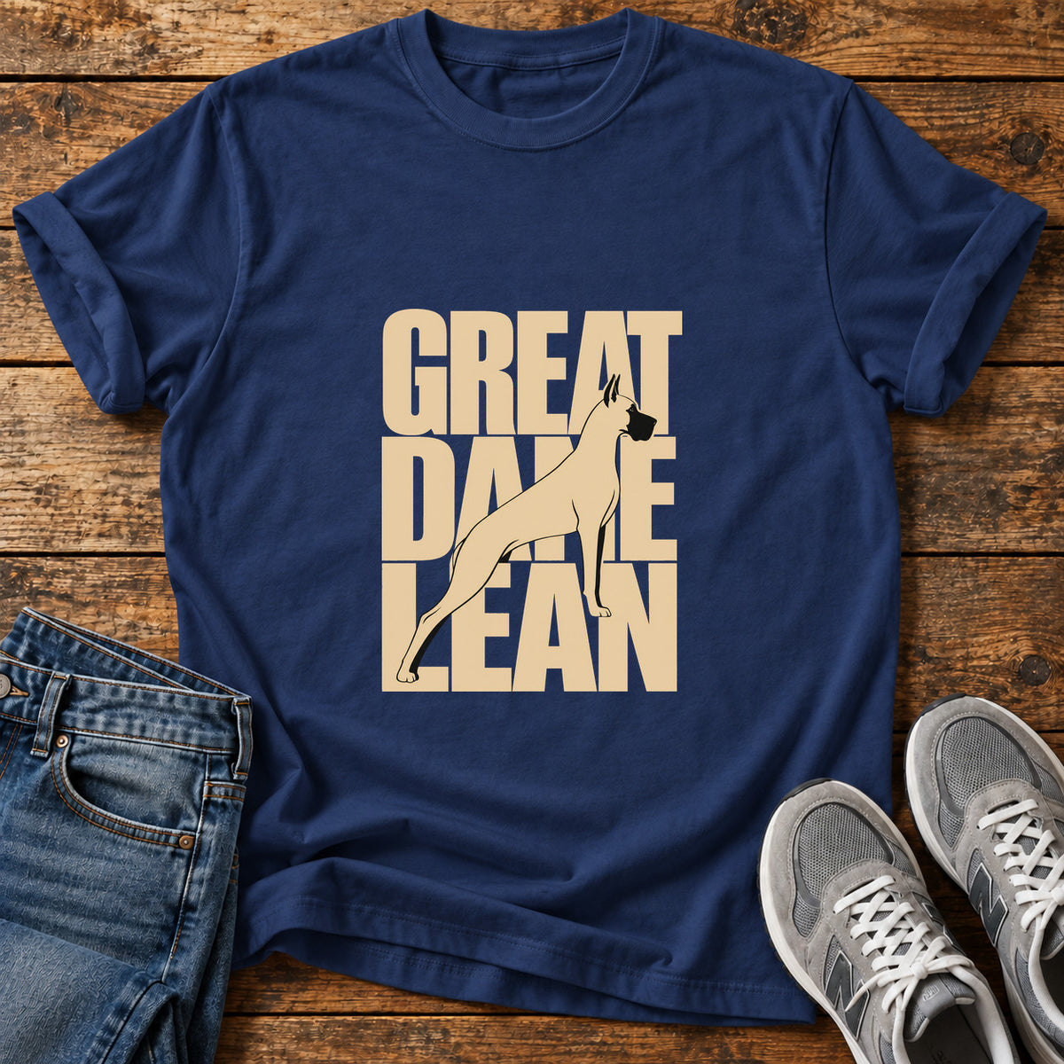 Great Dane Lean graphic T-shirt in Navy, shown on a flat-lay shirt mockup