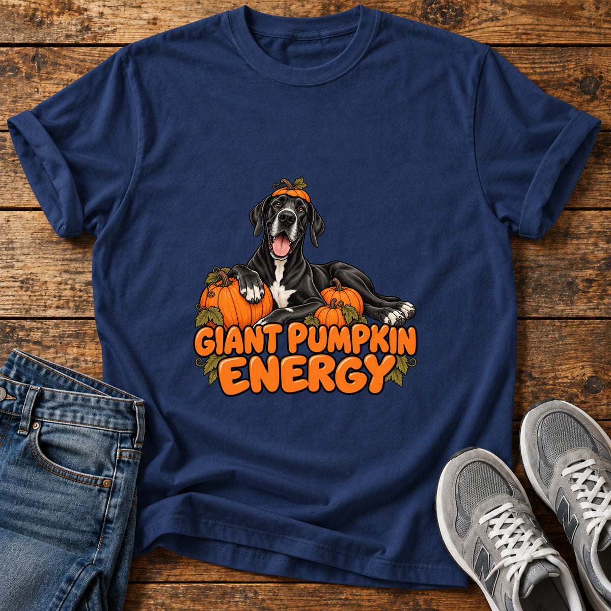 Giant Pumpkin Energy Great Dane graphic T-shirt in Navy, shown on a flat-lay shirt mockup