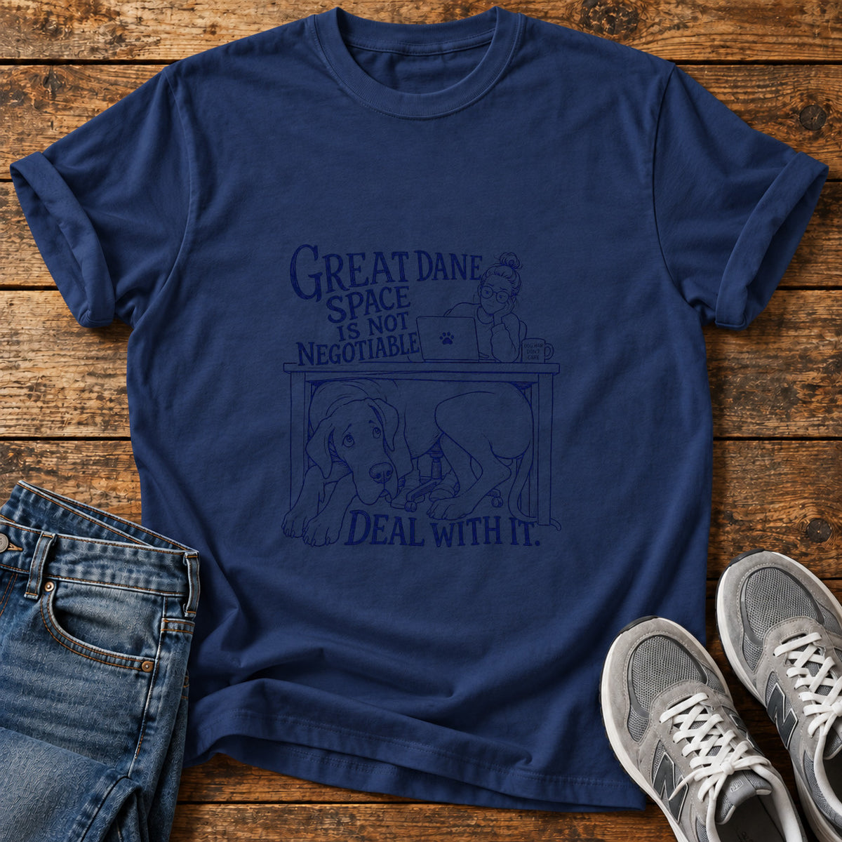 Great Dane Space graphic T-shirt in Navy, shown on a flat-lay shirt mockup