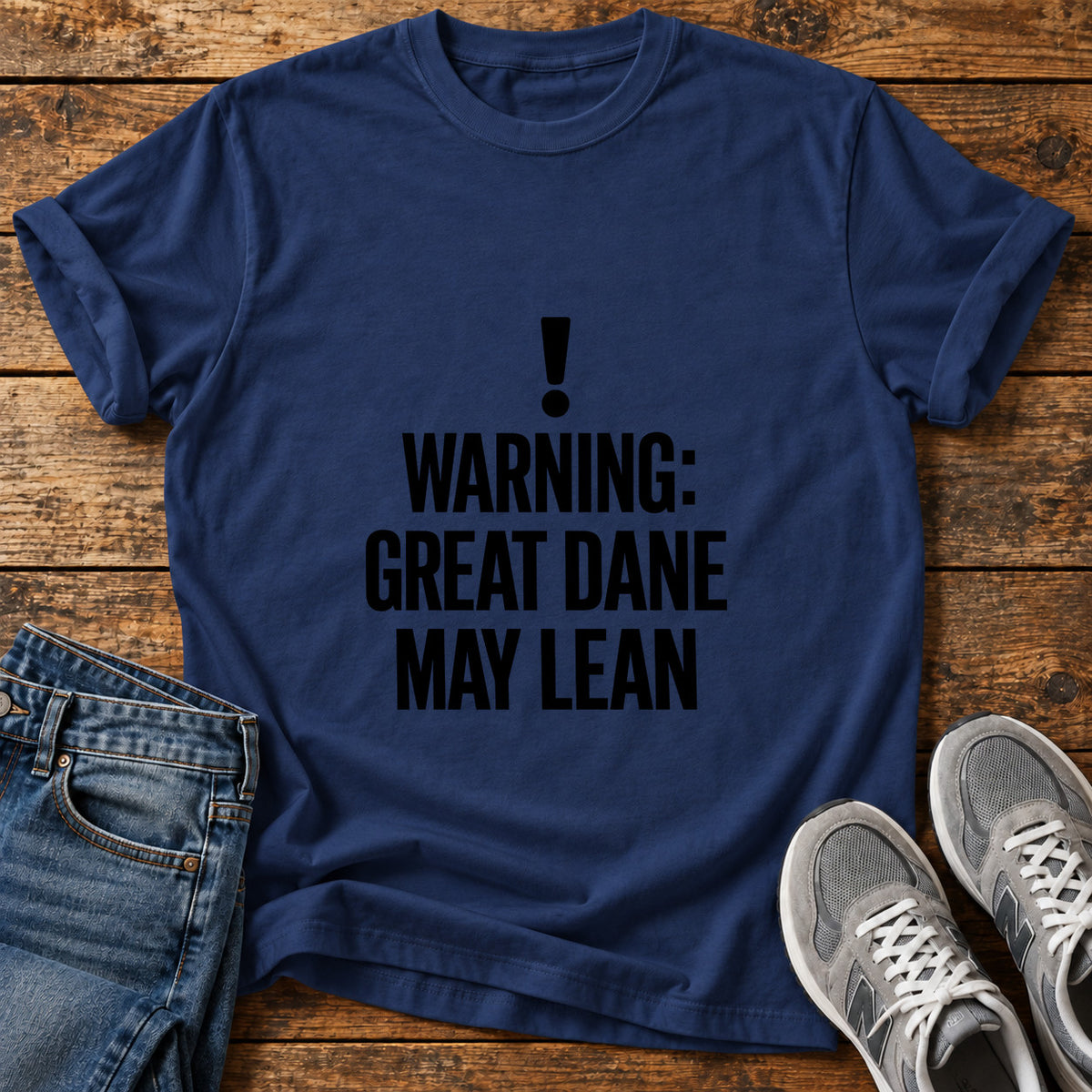 Great Dane Warning graphic T-shirt in Navy, shown on a flat-lay shirt mockup