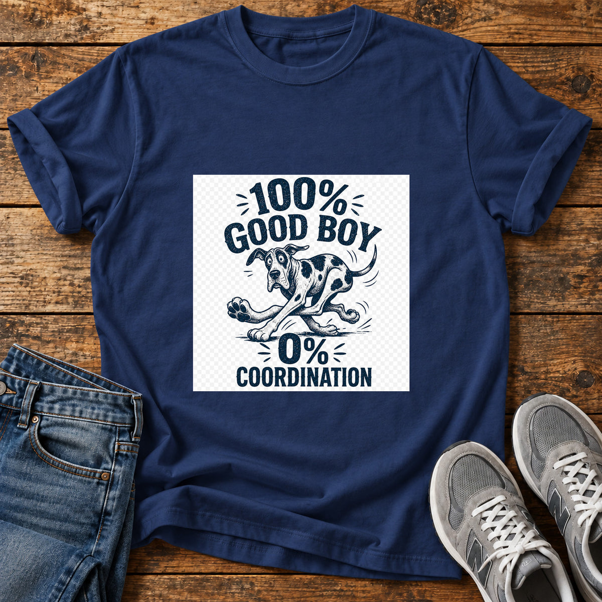 Good Boy Coordination Great Dane graphic T-shirt in Navy, shown on a flat-lay shirt mockup