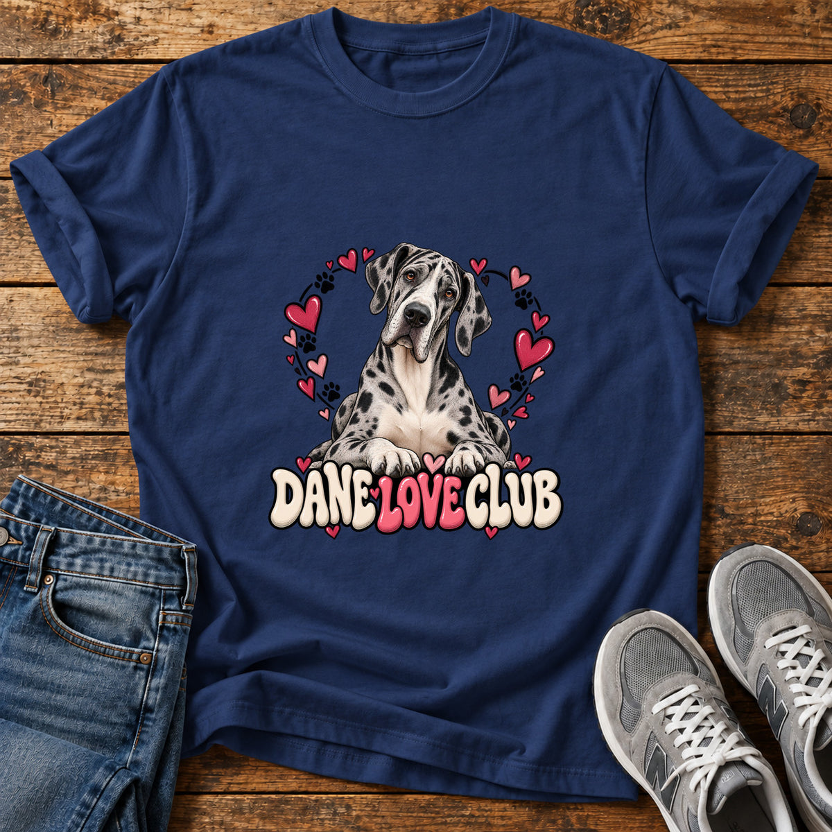 Dane Love Club Great Dane graphic T-shirt in Navy, shown on a flat-lay shirt mockup