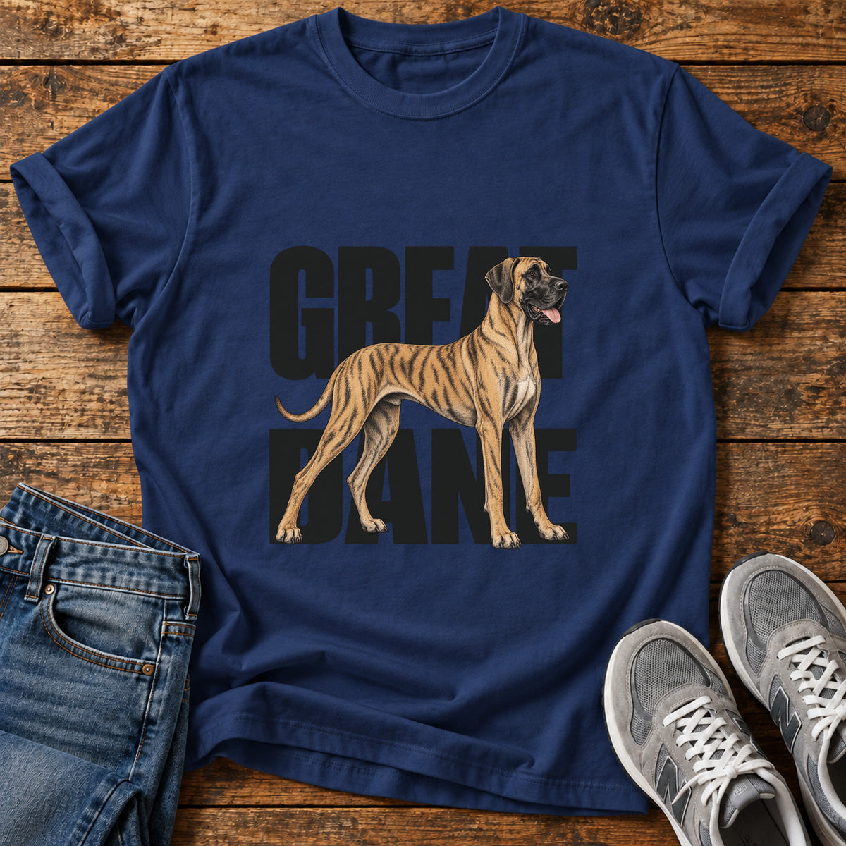 Great Dane graphic T-shirt in Navy, shown on a flat-lay shirt mockup