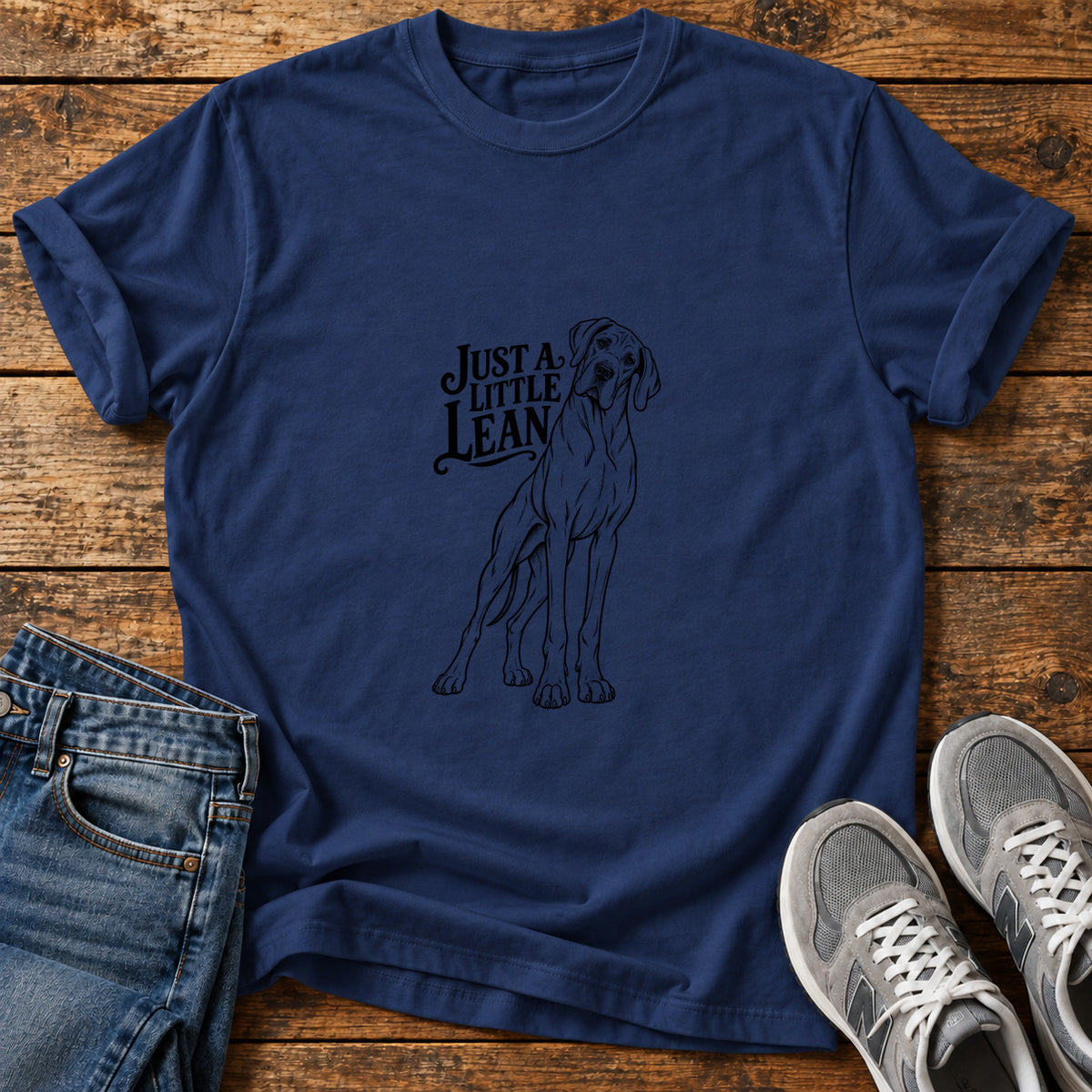 Just A Lean Great Dane graphic T-shirt in Navy, shown on a flat-lay shirt mockup