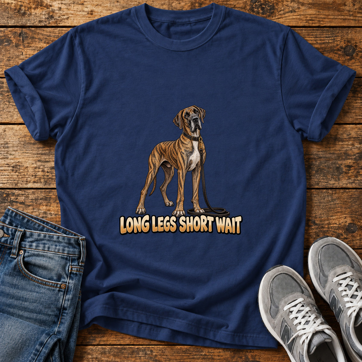 Long Legs Great Dane graphic T-shirt in Navy, shown on a flat-lay shirt mockup