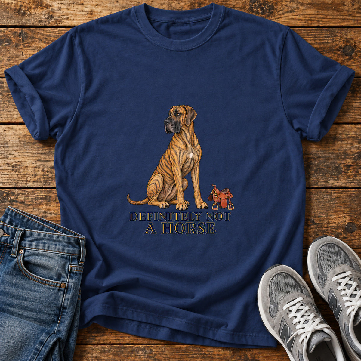 Definitely Not Horse Great Dane graphic T-shirt in Navy, shown on a flat-lay shirt mockup