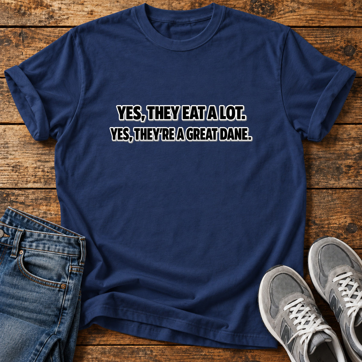 Great Dane Facts graphic T-shirt in Navy, shown on a flat-lay shirt mockup
