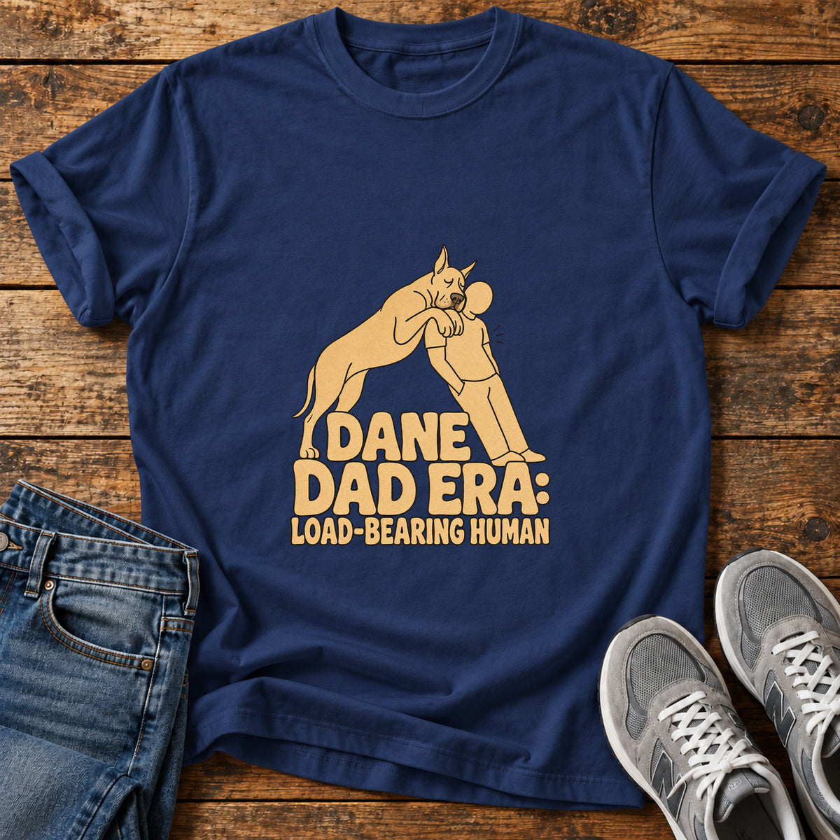 Dane Dad Era Great Dane graphic T-shirt in Navy, shown on a flat-lay shirt mockup