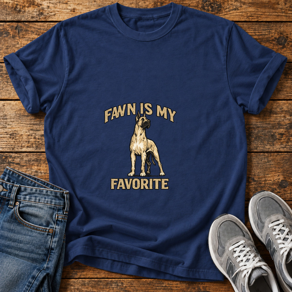 Fawn Favorite Great Dane graphic T-shirt in Navy, shown on a flat-lay shirt mockup
