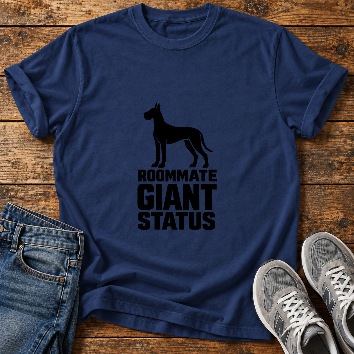 Roommate Giant Status Great Dane graphic T-shirt in Navy, shown on a flat-lay shirt mockup