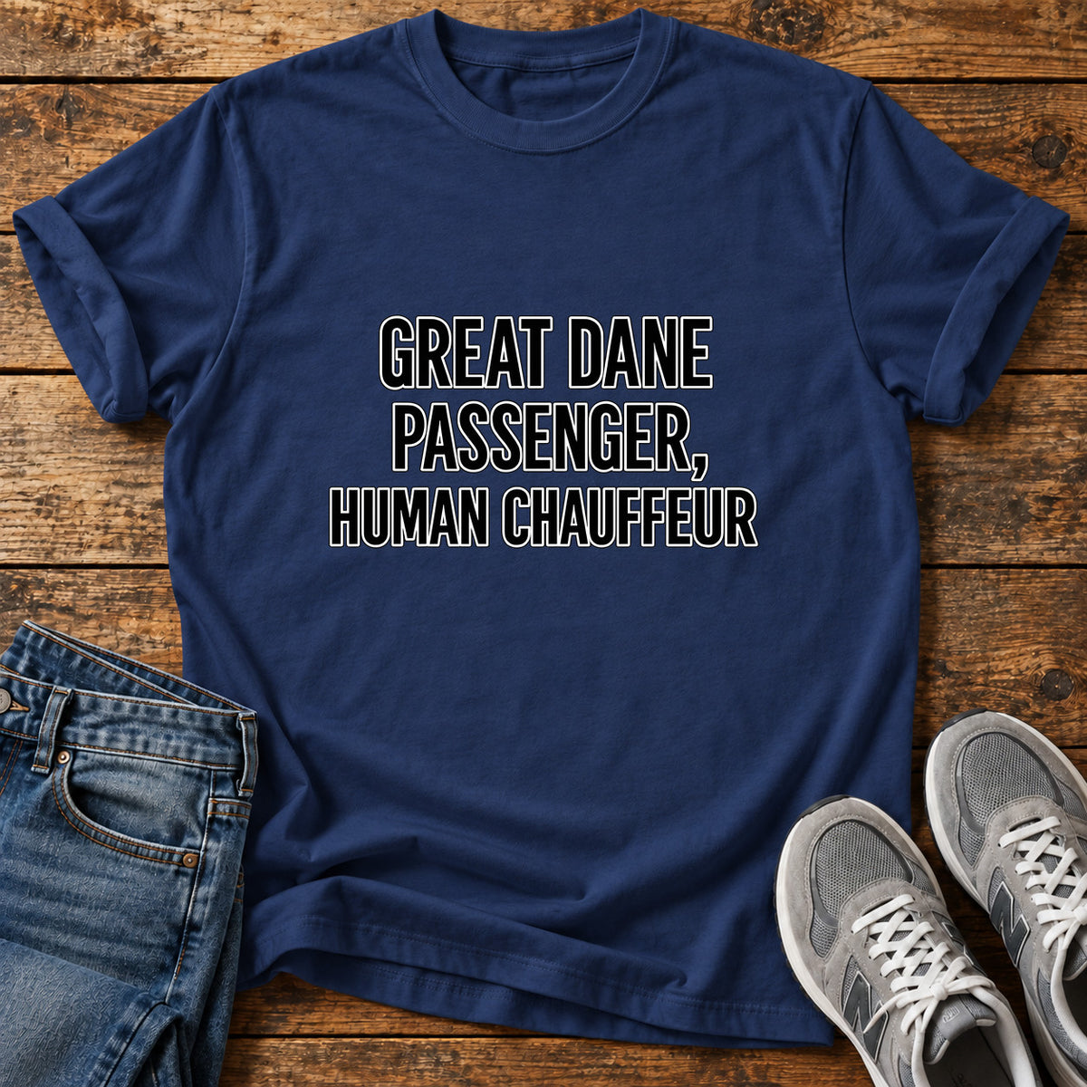 Great Dane Chauffeur graphic T-shirt in Navy, shown on a flat-lay shirt mockup