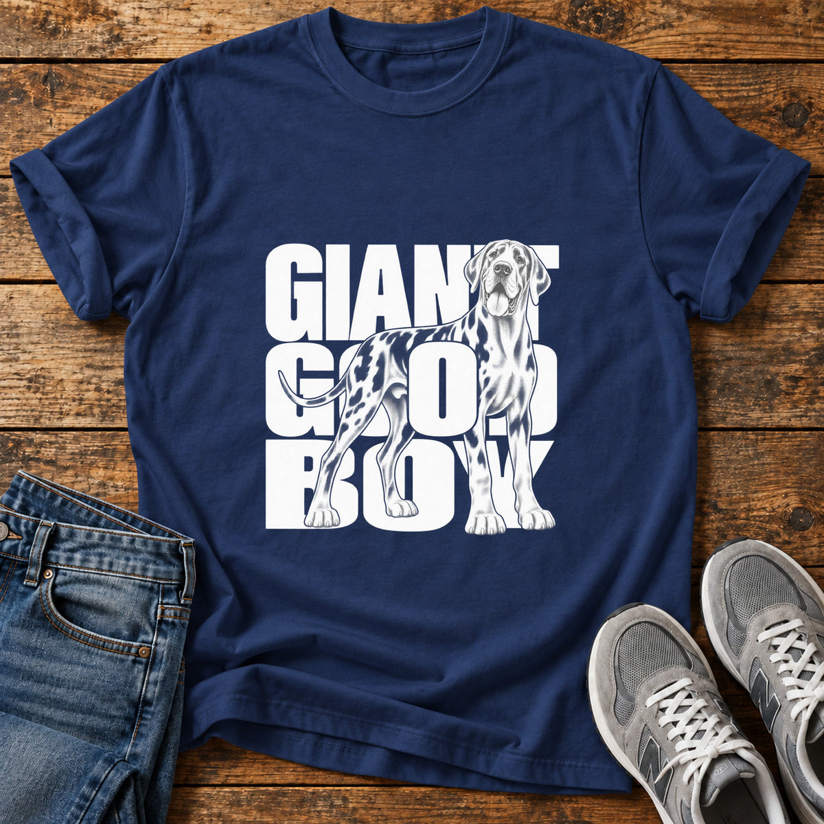 Giant Good Boy Great Dane graphic T-shirt in Navy, shown on a flat-lay shirt mockup