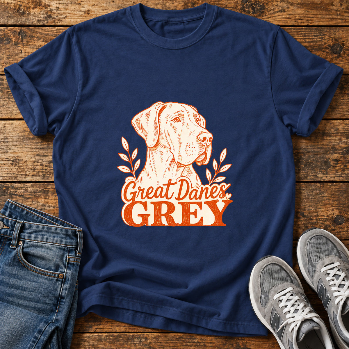 Great Danes Grey graphic T-shirt in Navy, shown on a flat-lay shirt mockup