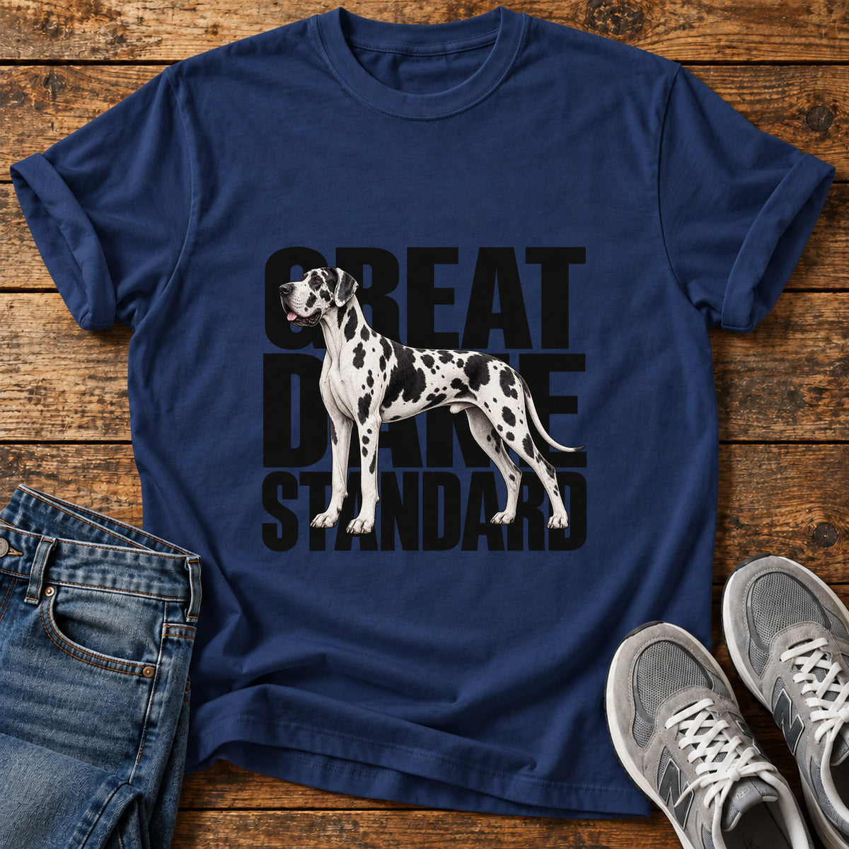 Great Dane Standard graphic T-shirt in Navy, shown on a flat-lay shirt mockup