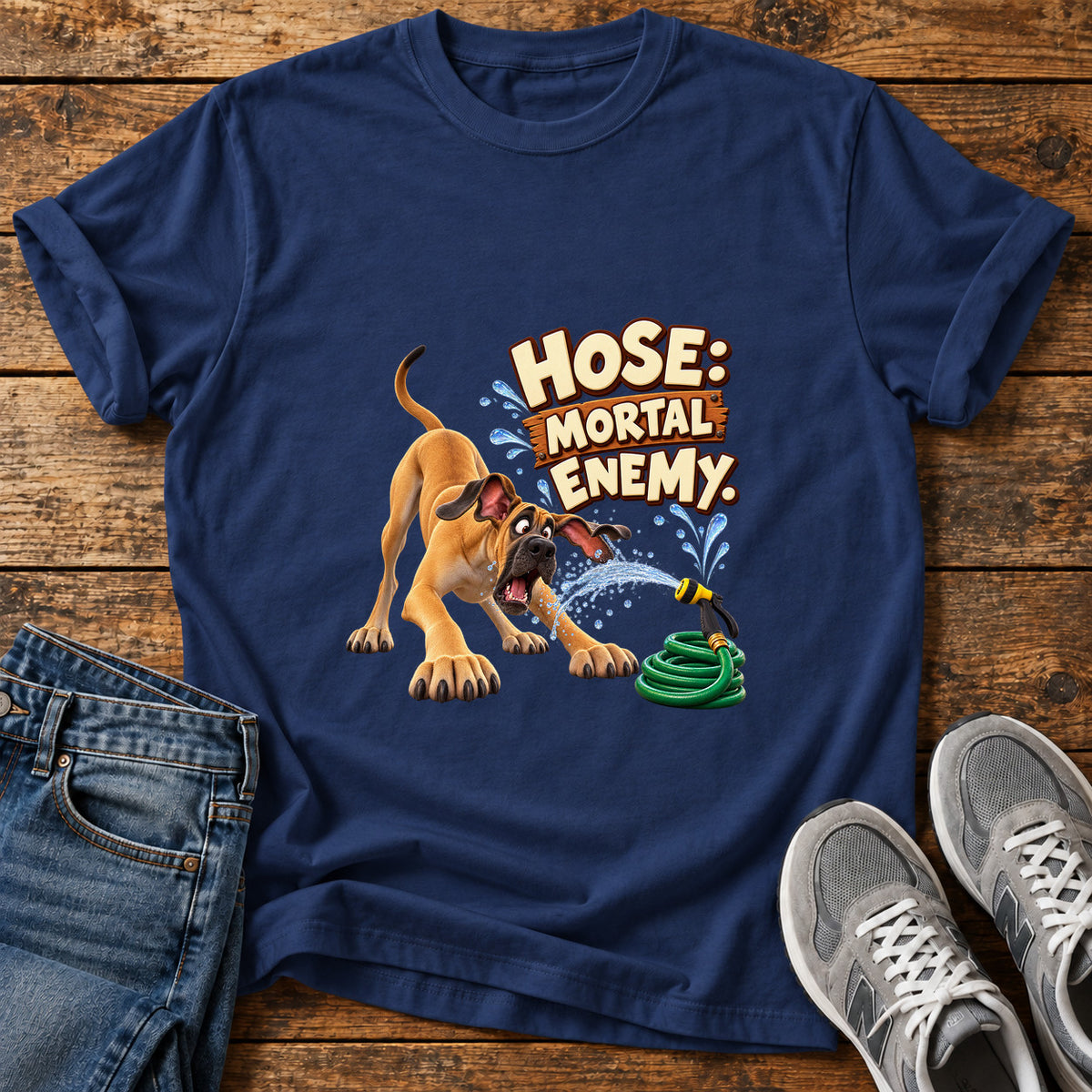 Hose Mortal Enemy Great Dane graphic T-shirt in Navy, shown on a flat-lay shirt mockup