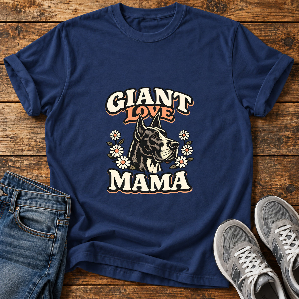 Giant Love Mama Great Dane graphic T-shirt in Navy, shown on a flat-lay shirt mockup