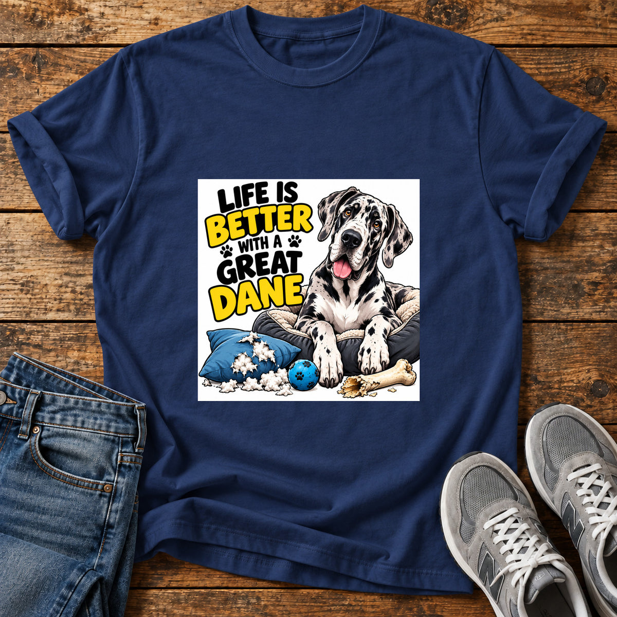 Great Dane Life graphic T-shirt in Navy, shown on a flat-lay shirt mockup