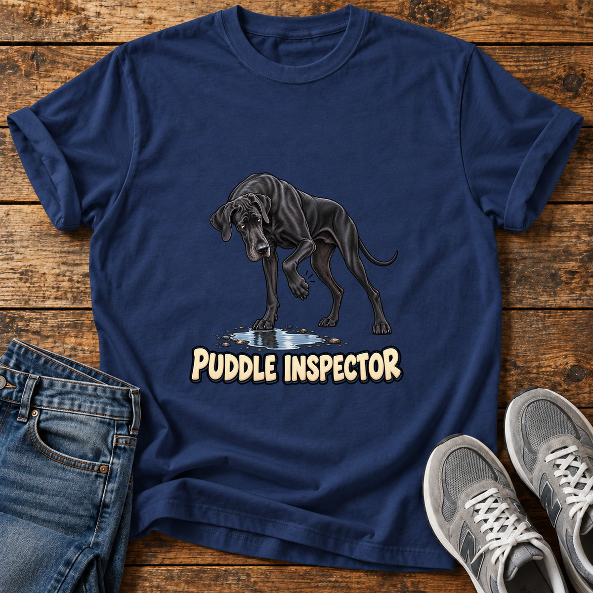Puddle Inspector Great Dane graphic T-shirt in Navy, shown on a flat-lay shirt mockup