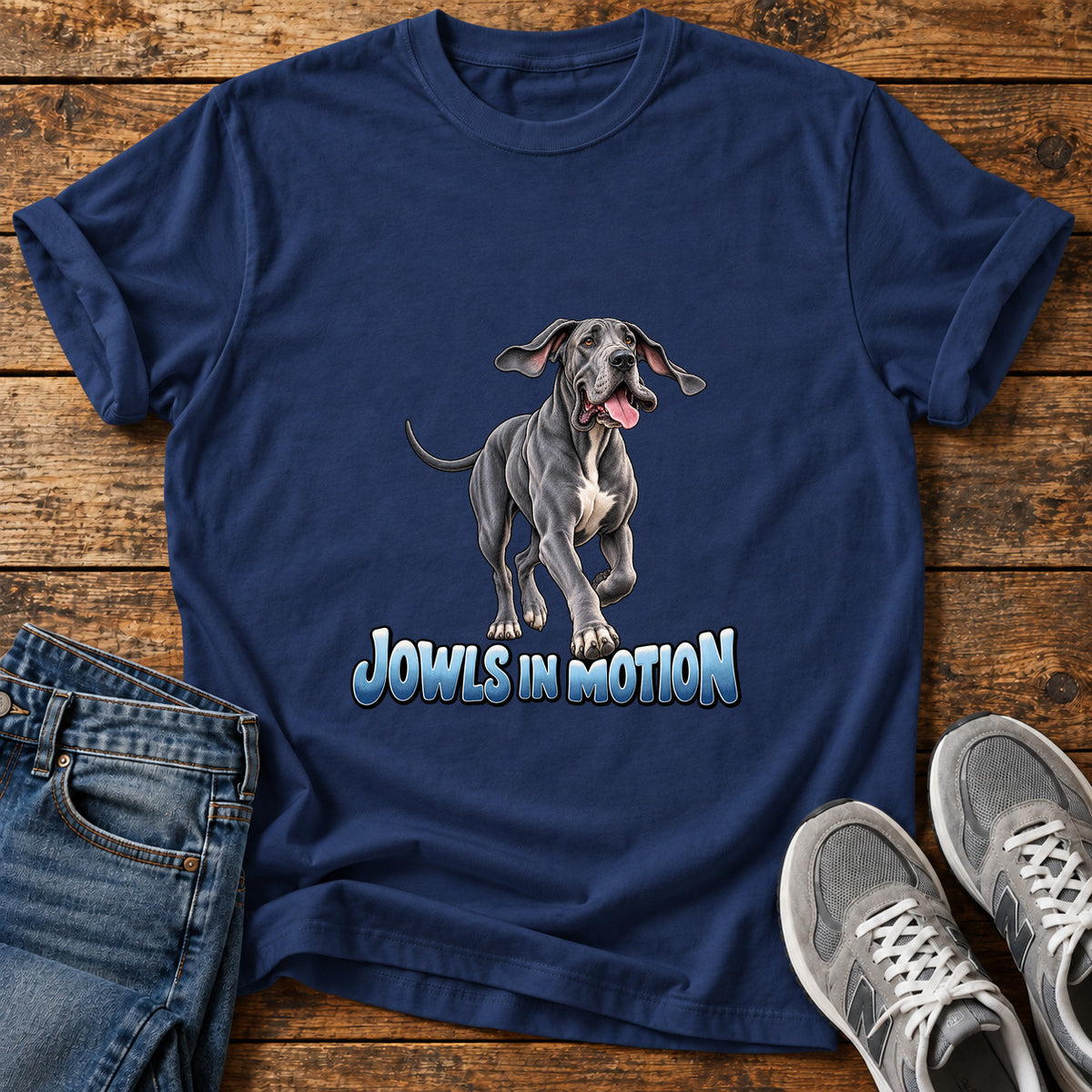 Jowls In Motion Great Dane graphic T-shirt in Navy, shown on a flat-lay shirt mockup