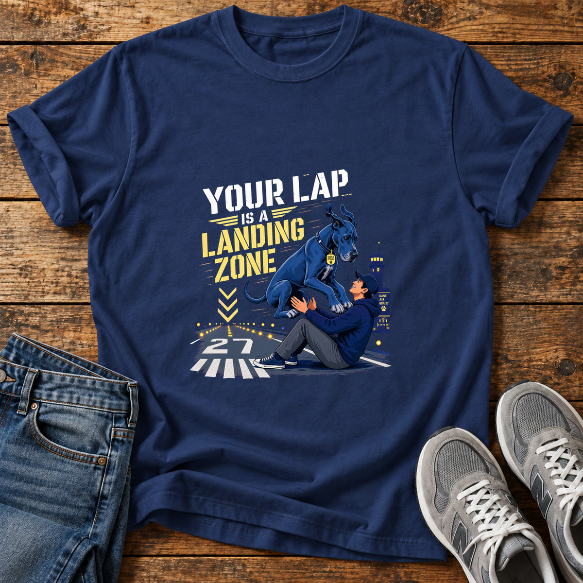 Landing Zone Great Dane graphic T-shirt in Navy, shown on a flat-lay shirt mockup