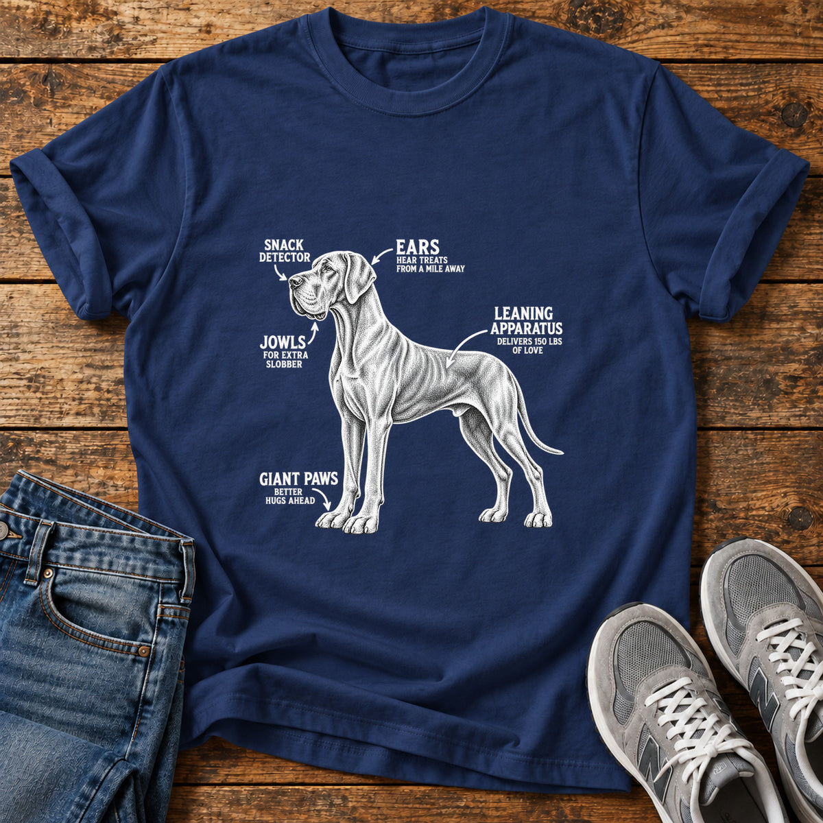 Snack Detector Great Dane graphic T-shirt in Navy, shown on a flat-lay shirt mockup