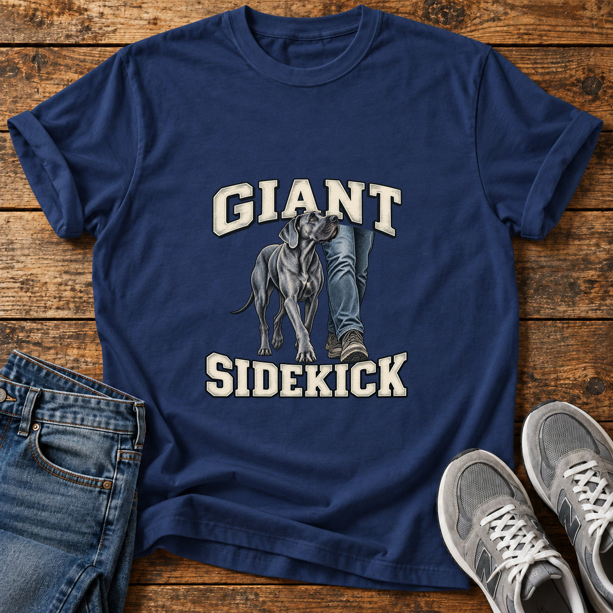 Giant Sidekick Great Dane graphic T-shirt in Navy, shown on a flat-lay shirt mockup