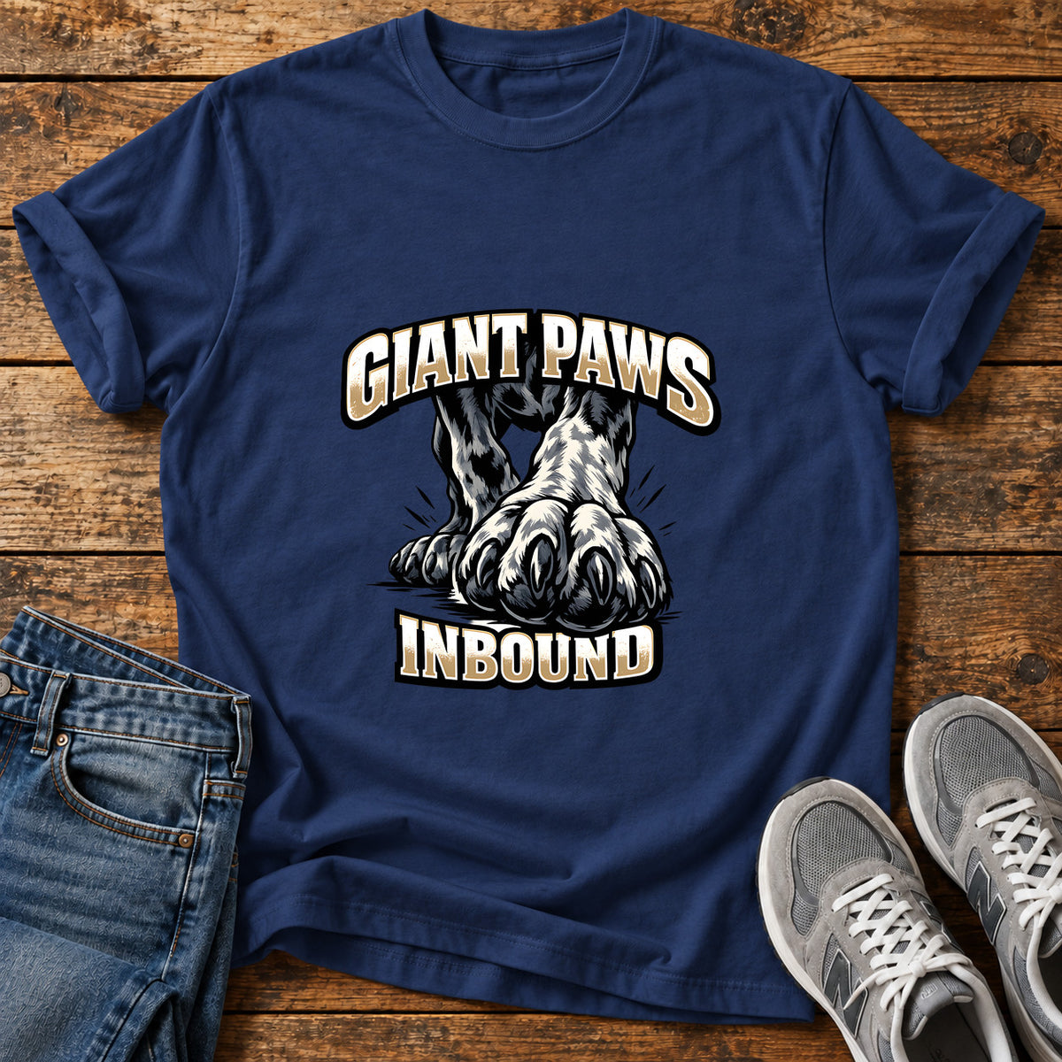Giant Paws Inbound Great Dane graphic T-shirt in Navy, shown on a flat-lay shirt mockup