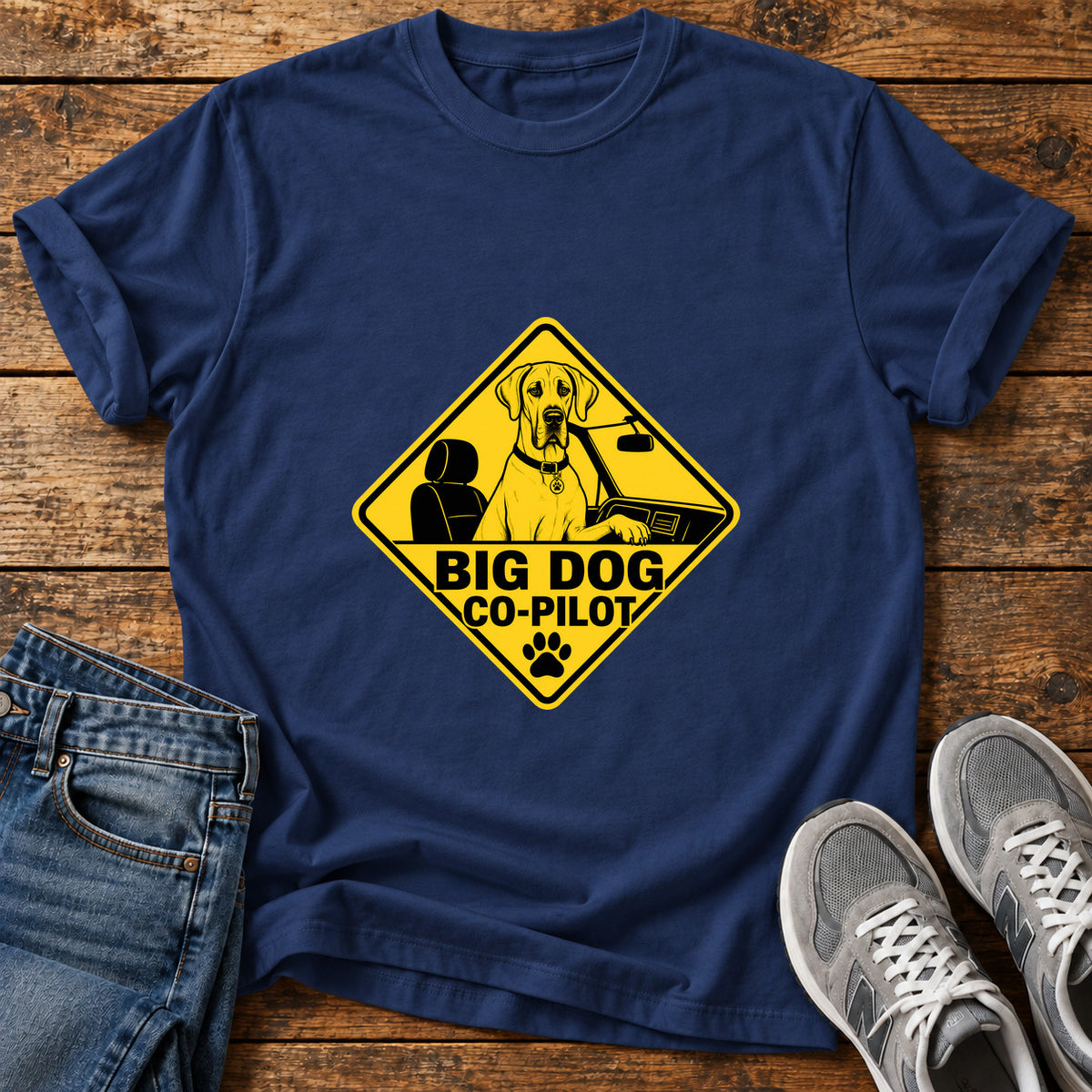 Big Dog Co-Pilot Great Dane graphic T-shirt in Navy, shown on a flat-lay shirt mockup