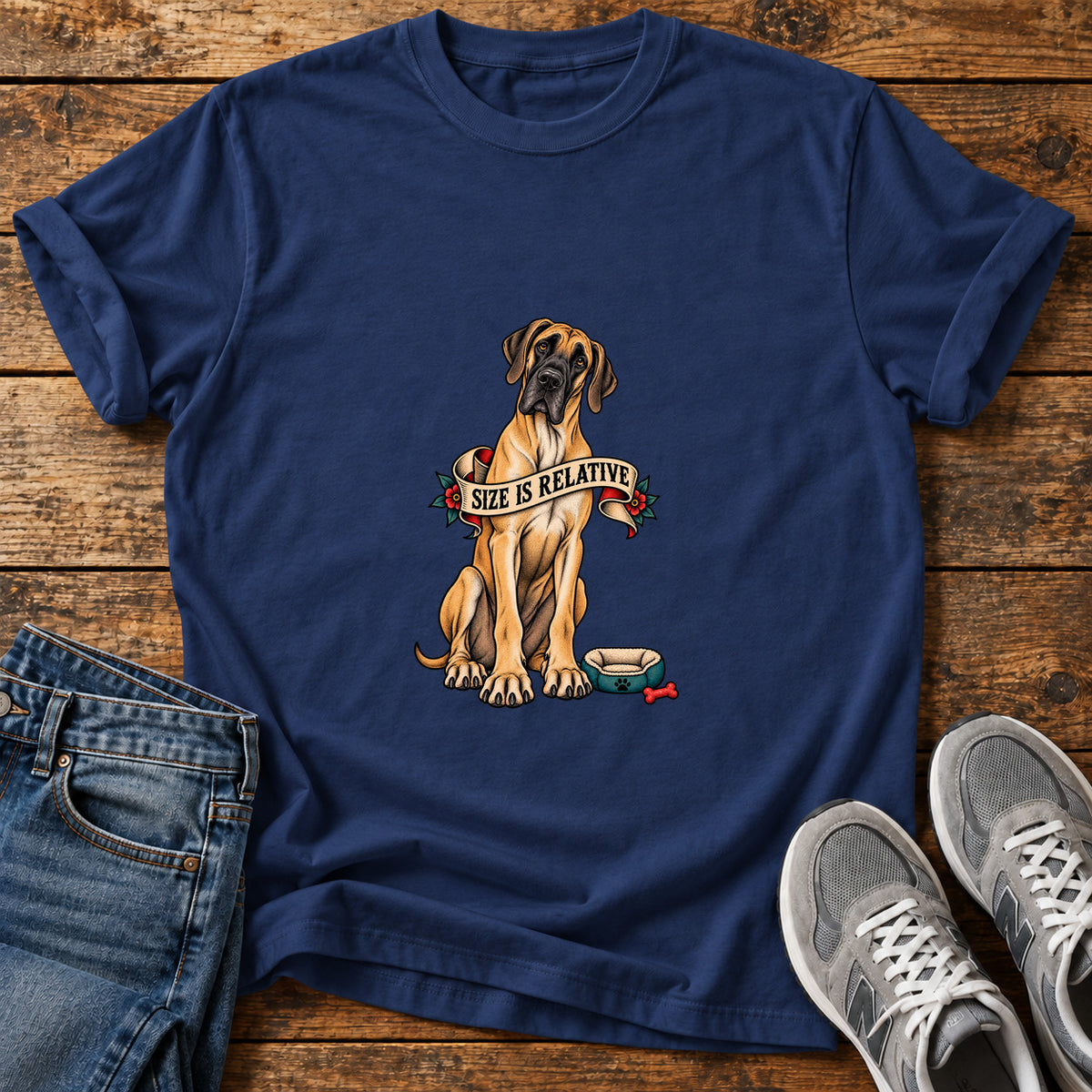 Size Is Relative Great Dane graphic T-shirt in Navy, shown on a flat-lay shirt mockup
