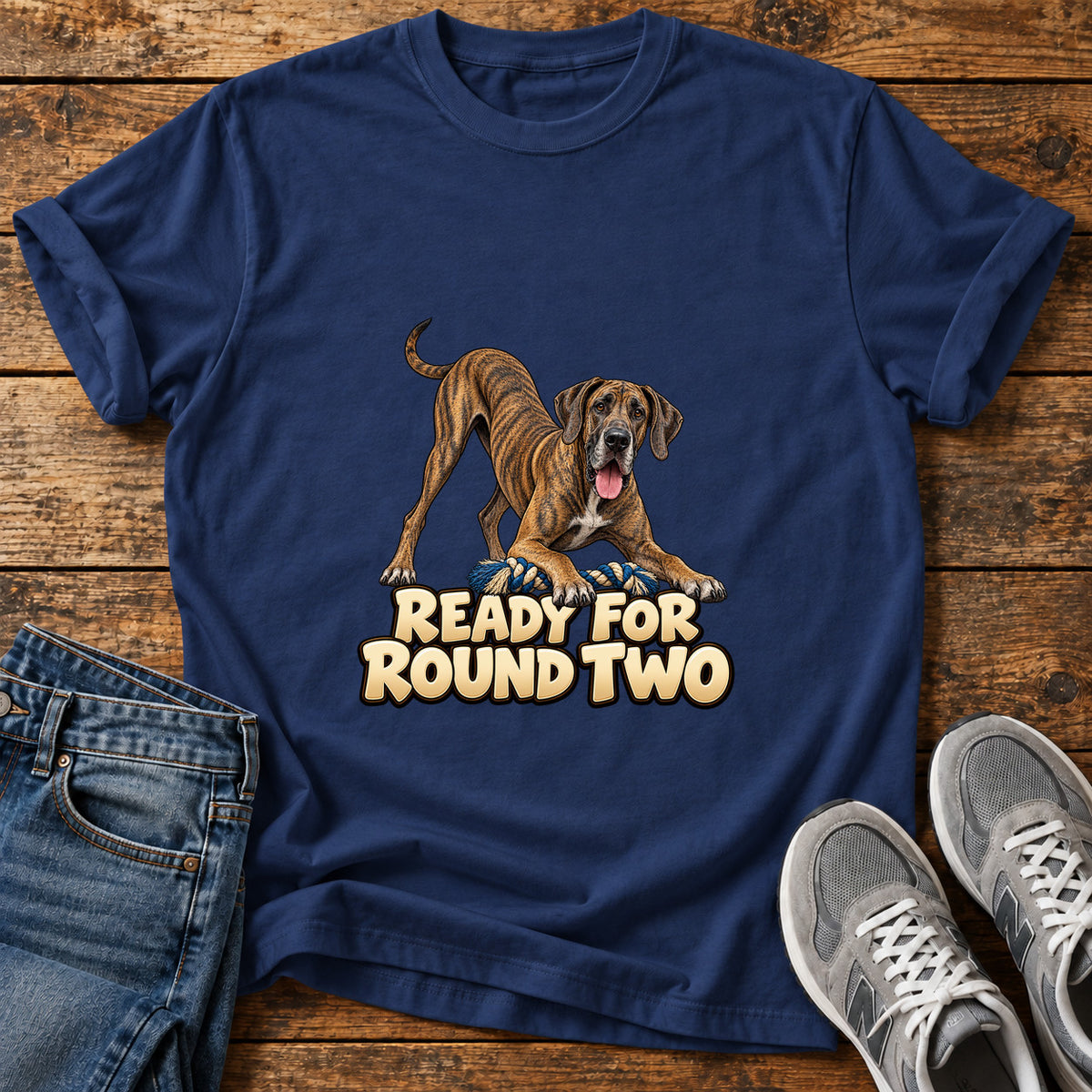 Ready For Round Great Dane graphic T-shirt in Navy, shown on a flat-lay shirt mockup