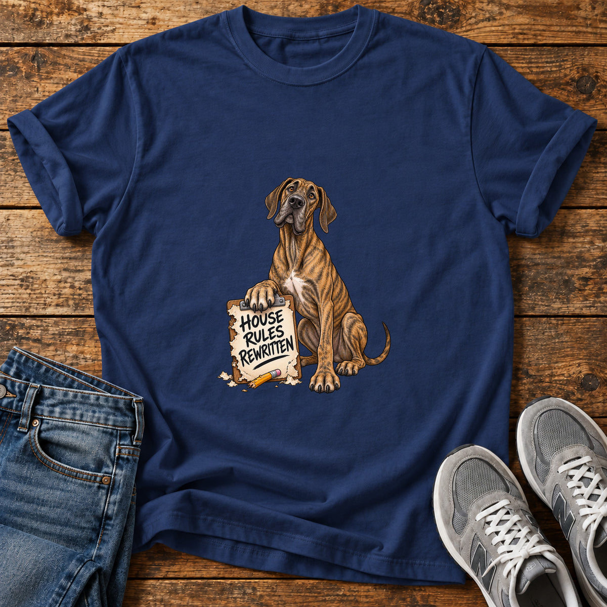 House Rules Rewritten Great Dane graphic T-shirt in Navy, shown on a flat-lay shirt mockup