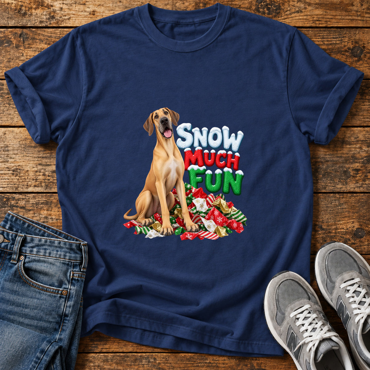 Snow Much Fun Great Dane graphic T-shirt in Navy, shown on a flat-lay shirt mockup