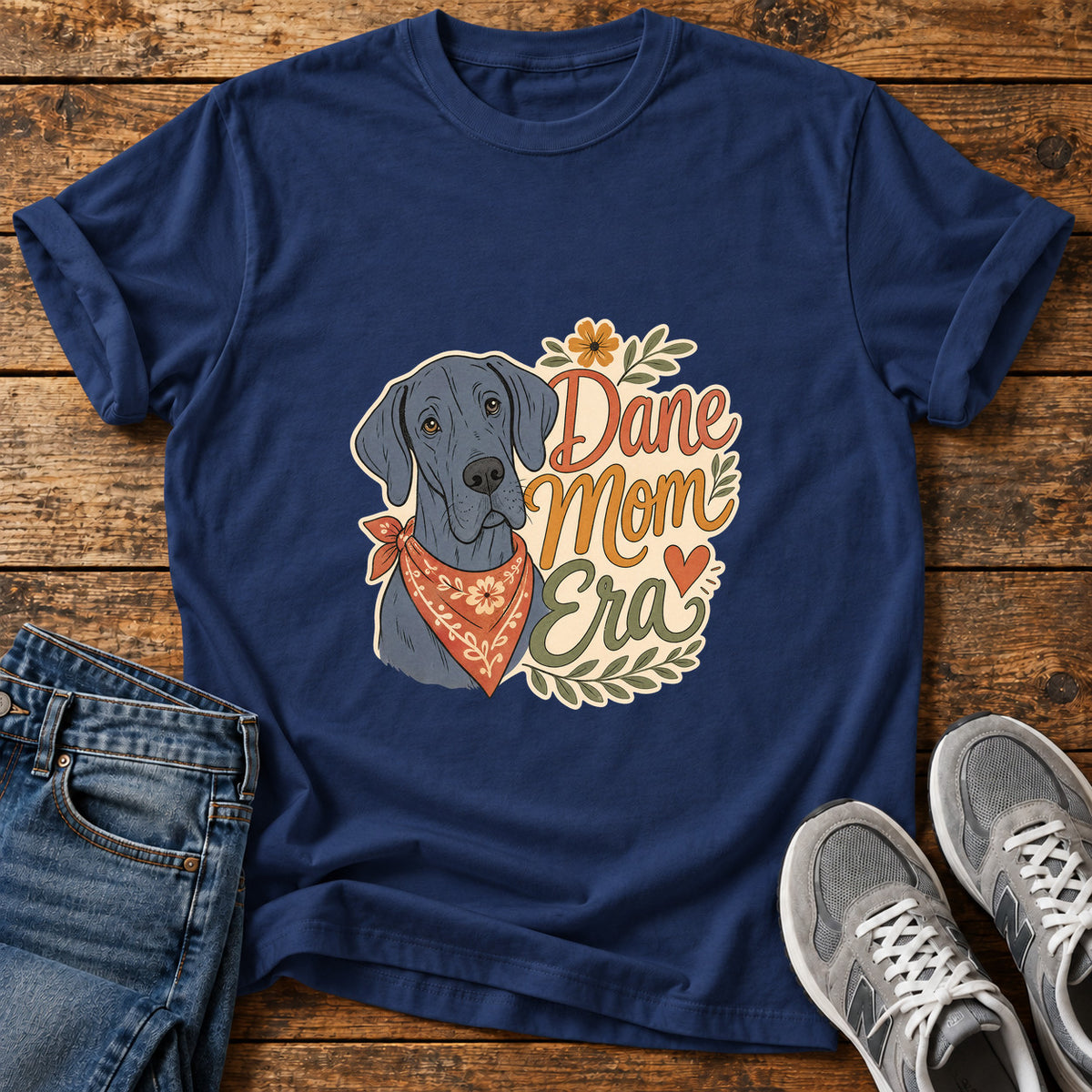 Dane Mom Era Great Dane graphic T-shirt in Navy, shown on a flat-lay shirt mockup